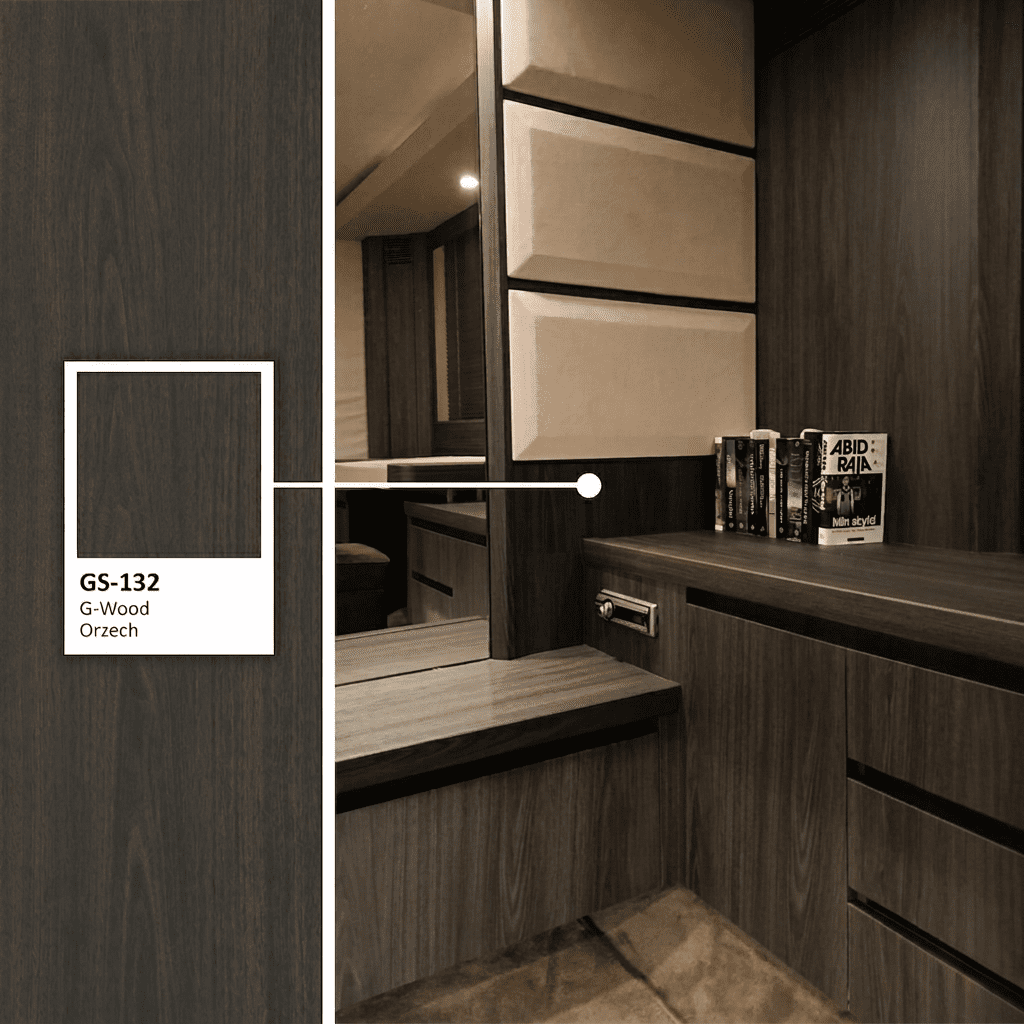 Ciemnobrązowy laminat architektoniczny GS-132 ciemny orzech flat grain zastosowany w luksusowej kajucie jachtu
