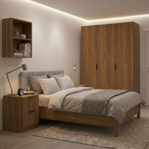 Warm teak laminat architektoniczny CW513 teak złoty na meblach sypialnianych i szafie