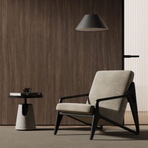 Ciemnobrązowy laminat architektoniczny GS-068 ciemny teak edge grain zastosowany na ścianie w eleganckim salonie