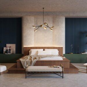 Ciemnogranatowy laminat architektoniczny RS128 na ścianie dekoracyjnej w nowoczesnej sypialni